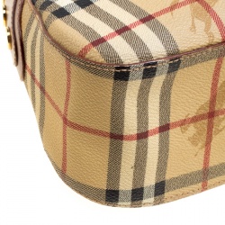 Pre Owned Burberry Beige/Copper Haymarket Check Canvas and Leather Shoulder Bag