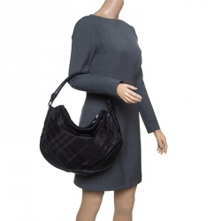 Pre Owned Burberry Black Tonal Check Nylon Medium Maskell Hobo