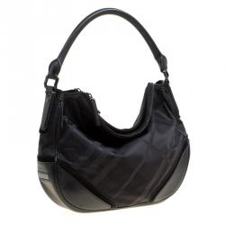 Pre Owned Burberry Black Tonal Check Nylon Medium Maskell Hobo
