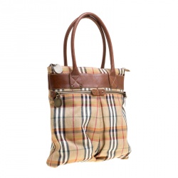 مملوكة مسبقًا حقيبة يد بربري جلد وكانفاس كاروهات هاوس بنية/ متعددة الألوان
