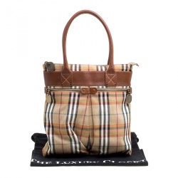 مملوكة مسبقًا حقيبة يد بربري جلد وكانفاس كاروهات هاوس بنية/ متعددة الألوان