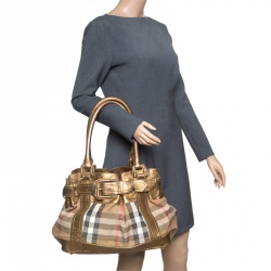 Pre Owned Burberry Metallic Gold Leather and House Check Fabric Bridle Tote