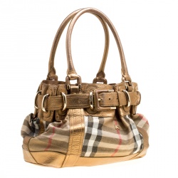 Pre Owned Burberry Metallic Gold Leather and House Check Fabric Bridle Tote