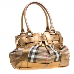 Pre Owned Burberry Metallic Gold Leather and House Check Fabric Bridle Tote