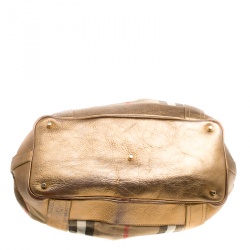 Pre Owned Burberry Metallic Gold Leather and House Check Fabric Bridle Tote