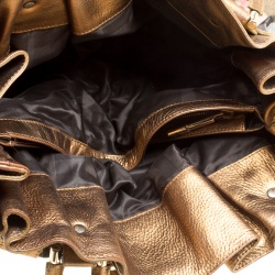 Pre Owned Burberry Metallic Gold Leather and House Check Fabric Bridle Tote