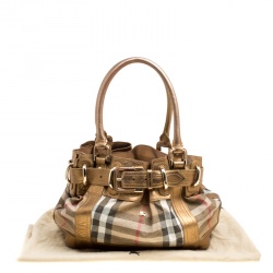 Pre Owned Burberry Metallic Gold Leather and House Check Fabric Bridle Tote