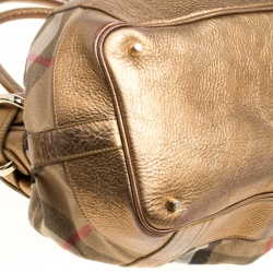 Pre Owned Burberry Metallic Gold Leather and House Check Fabric Bridle Tote