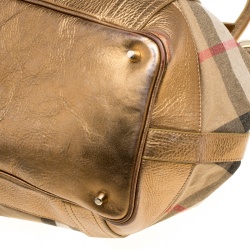 Pre Owned Burberry Metallic Gold Leather and House Check Fabric Bridle Tote