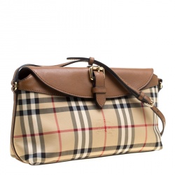Pre Owned Burberry Beige/Brown Haymarket Check Canvas and Leather Crossbody Bag