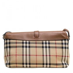 Pre Owned Burberry Beige/Brown Haymarket Check Canvas and Leather Crossbody Bag