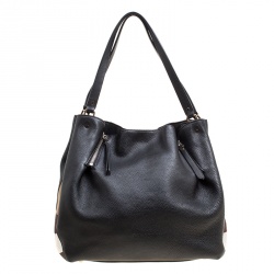 Pre Owned Burberry Black Textured Leather and Nova Check Canvas Zip Detail Tote