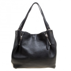 Pre Owned Burberry Black Textured Leather and Nova Check Canvas Zip Detail Tote