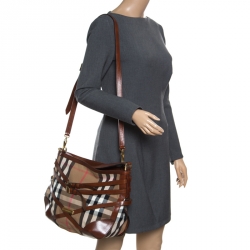 Pre Owned Burberry Brown House Check Canvas and Leather Small Bridle Dutton Hobo