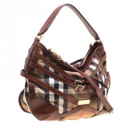 Pre Owned Burberry Brown House Check Canvas and Leather Small Bridle Dutton Hobo