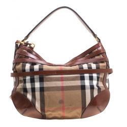 Pre Owned Burberry Brown House Check Canvas and Leather Small Bridle Dutton Hobo