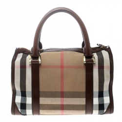 Pre Owned Burberry Beige/Brown House Check Canvas and Leather Boston Bag