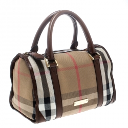 Pre Owned Burberry Beige/Brown House Check Canvas and Leather Boston Bag