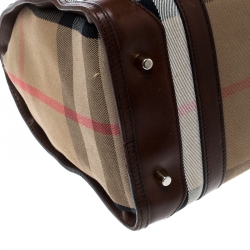 Pre Owned Burberry Beige/Brown House Check Canvas and Leather Boston Bag