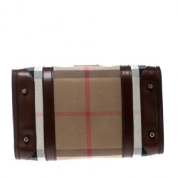 Pre Owned Burberry Beige/Brown House Check Canvas and Leather Boston Bag