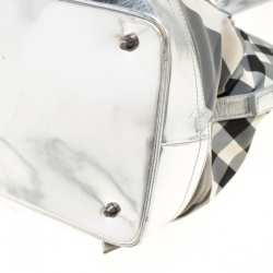 Pre Owned Burberry Silver Beat Check Nylon and Patent Leather Medium Lowry Top Handle Bag