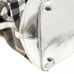 Pre Owned Burberry Silver Beat Check Nylon and Patent Leather Medium Lowry Top Handle Bag
