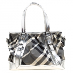 Pre Owned Burberry Silver Beat Check Nylon and Patent Leather Medium Lowry Top Handle Bag