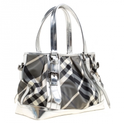 Pre Owned Burberry Silver Beat Check Nylon and Patent Leather Medium Lowry Top Handle Bag