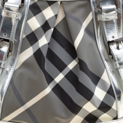 Pre Owned Burberry Silver Beat Check Nylon and Patent Leather Medium Lowry Top Handle Bag