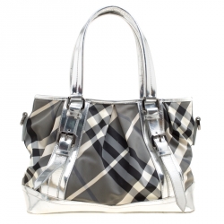 Pre Owned Burberry Silver Beat Check Nylon and Patent Leather Medium Lowry Top Handle Bag