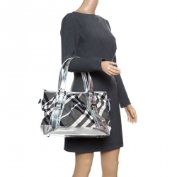Pre Owned Burberry Silver Beat Check Nylon and Patent Leather Medium Lowry Top Handle Bag