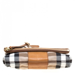 مملوكة مسبقًا حقيبة كلتش بربري حمالة معصم قابلة للطي جلد وقماش كاروهات هاوس بنية