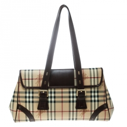 Pre Owned Burberry Beige/Brown Haymarket Check Canvas and Leather Satchel