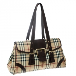 Pre Owned Burberry Beige/Brown Haymarket Check Canvas and Leather Satchel