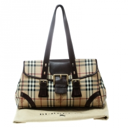 Pre Owned Burberry Beige/Brown Haymarket Check Canvas and Leather Satchel