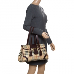 Pre Owned Burberry Beige/Brown Haymarket Check Canvas and Leather Satchel