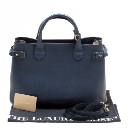 Burberry Navy Blue Leather and House Check Canvas Medium Banner Top Handle Bag