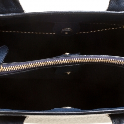 Burberry Navy Blue Leather and House Check Canvas Medium Banner Top Handle Bag