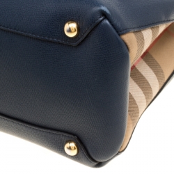 Burberry Navy Blue Leather and House Check Canvas Medium Banner Top Handle Bag