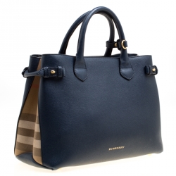 Burberry Navy Blue Leather and House Check Canvas Medium Banner Top Handle Bag