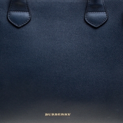 Burberry Navy Blue Leather and House Check Canvas Medium Banner Top Handle Bag
