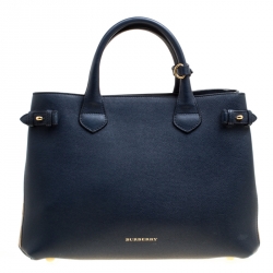 Burberry Navy Blue Leather and House Check Canvas Medium Banner Top Handle Bag