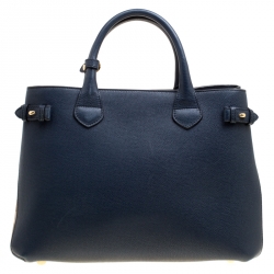 Burberry Navy Blue Leather and House Check Canvas Medium Banner Top Handle Bag