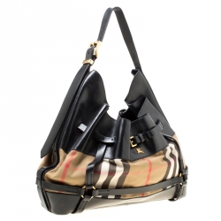 Pre Owned Burberry Black House Check Fabric and Leather Bridle Hobo