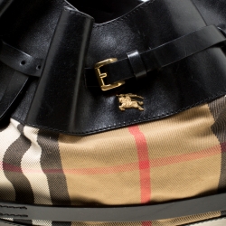 Pre Owned Burberry Black House Check Fabric and Leather Bridle Hobo