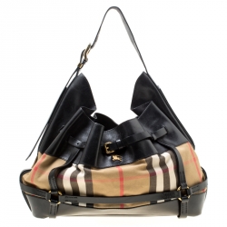 Pre Owned Burberry Black House Check Fabric and Leather Bridle Hobo