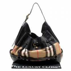 Pre Owned Burberry Black House Check Fabric and Leather Bridle Hobo