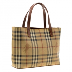 Pre Owned Burberry Brown Haymarket Check Coated Canvas Mini Tote