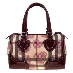 Pre Owned Burberry Burgundy House Check PVC & Patent Leather Hearts Boston Bag