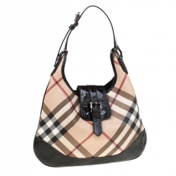 Pre Owned Burberry Black/Beige Nova Check PVC and Patent Leather Brooke Hobo